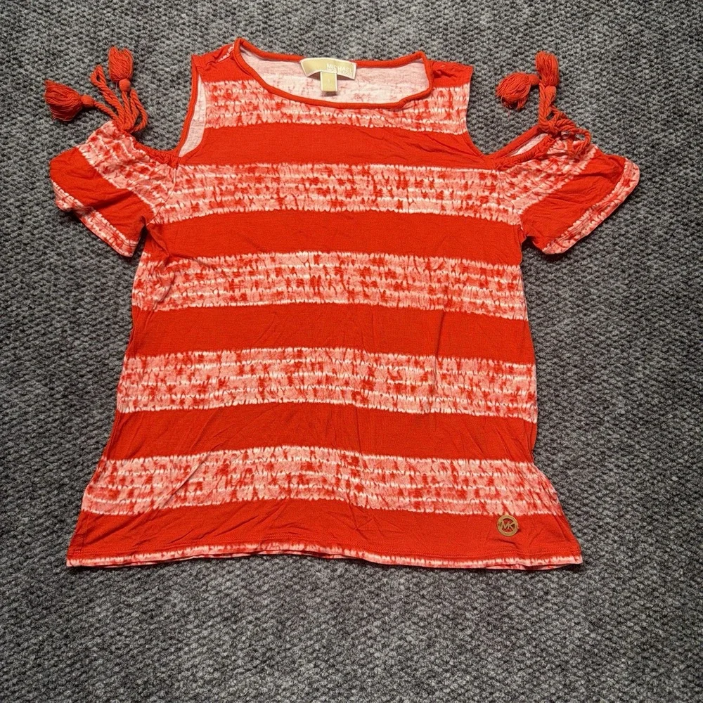Michael Kors Women's Sz S Red Dark Clementine Cold Shoulder Tassled Top Blouse